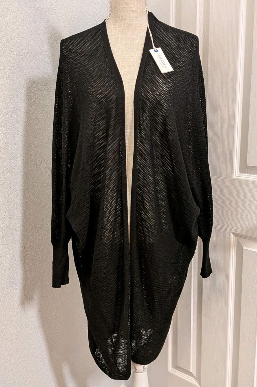 MerSea Chelsea Kimono Cardigan Wool Blend Women OS Black Open Knit Quiet Luxury